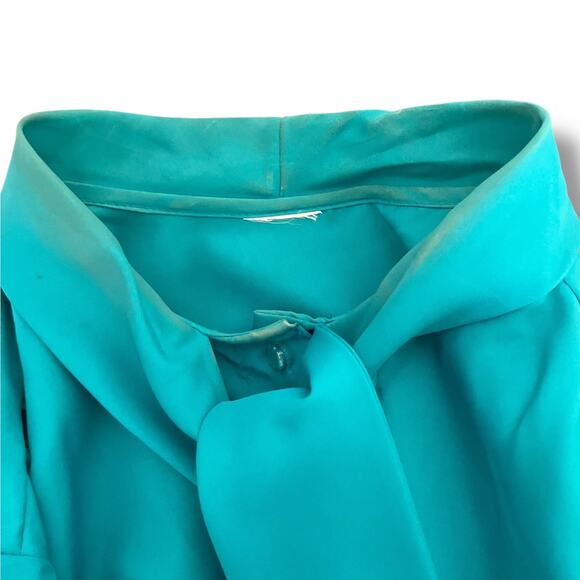 Vintage Turquoise Secretary Blouse 80s Long Sleeve Tie Neck Womens Size XL - Picture 4 of 7